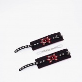 Черные кожаные наручники с красным декором и строчкой - Crazy Handmade - купить с доставкой в Невинномысске