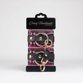 Черные кожаные наручники с розовой строчкой - Crazy Handmade - купить с доставкой в Невинномысске