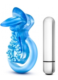 Голубое эрекционное виброкольцо 10 Function Vibrating Tongue Ring - Blush Novelties - в Невинномысске купить с доставкой