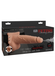 Телесный полый страпон с имитацией эякуляции 7.5  Hollow Squirting Strap-On with Balls Flesh - 21,6 см. - Pipedream - купить с доставкой в Невинномысске