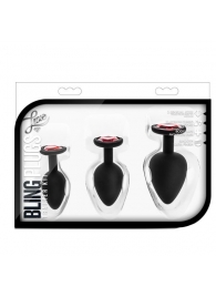 Набор черных анальных пробок с красным кристаллом-сердечком Bling Plugs Training Kit - Blush Novelties - купить с доставкой в Невинномысске