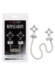 Металлические зажимы для сосков на цепочке Nipple Grips 4-Point Nipple Press with Bells - California Exotic Novelties - купить с доставкой в Невинномысске