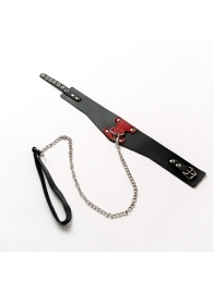 Черный широкий ошейник с красным декором и поводком - Crazy Handmade - купить с доставкой в Невинномысске