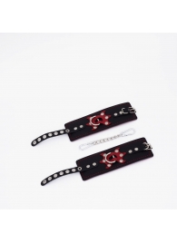 Черные кожаные наручники с красным декором и строчкой - Crazy Handmade - купить с доставкой в Невинномысске