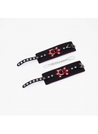 Черные кожаные наручники с красным декором и строчкой - Crazy Handmade - купить с доставкой в Невинномысске