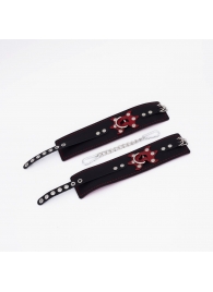 Черные кожаные оковы с красным декором и строчкой - Crazy Handmade - купить с доставкой в Невинномысске