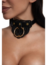 Черный фигурный кожаный ошейник с золотистой фурнитурой - Crazy Handmade - купить с доставкой в Невинномысске
