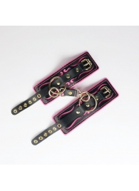 Черные кожаные наручники с розовой строчкой - Crazy Handmade - купить с доставкой в Невинномысске