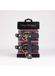 Черные кожаные оковы с розовой строчкой - Crazy Handmade - купить с доставкой в Невинномысске