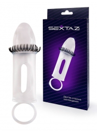 Закрытая насадка на пенис с подхватом мошонки и стимулирующими «ресничками» - Sextaz - в Невинномысске купить с доставкой