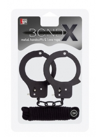 Чёрные наручники из листового металла в комплекте с веревкой BONDX METAL CUFFS LOVE ROPE SET - Dream Toys - купить с доставкой в Невинномысске