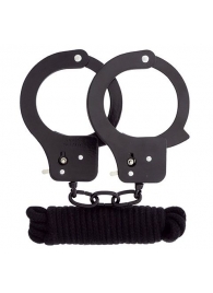 Чёрные наручники из листового металла в комплекте с веревкой BONDX METAL CUFFS LOVE ROPE SET - Dream Toys - купить с доставкой в Невинномысске
