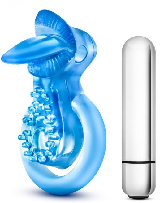 Голубое эрекционное виброкольцо 10 Function Vibrating Tongue Ring - Blush Novelties - в Невинномысске купить с доставкой