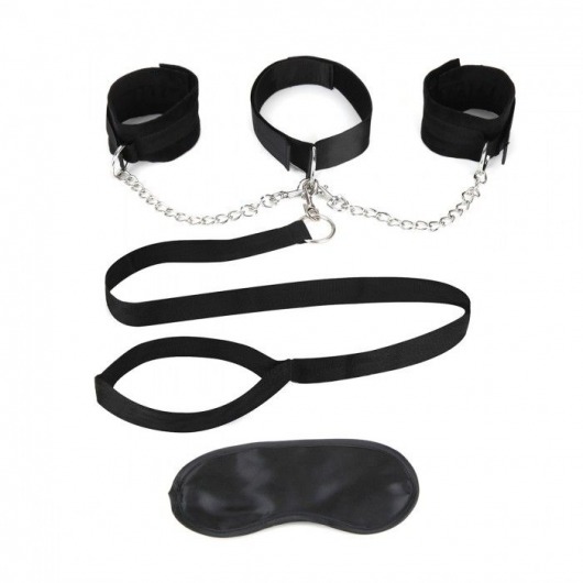 Чёрный ошейник с наручниками и поводком Collar Cuffs   Leash Set - Lux Fetish - купить с доставкой в Невинномысске