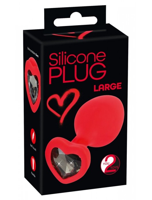 Красная силиконовая анальная пробка с черным стразом-сердечком - 9,3 см. - Orion - купить с доставкой в Невинномысске