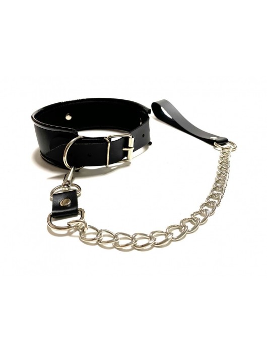 Черный ошейник с поводком из эко-кожи - БДСМ Арсенал - купить с доставкой в Невинномысске
