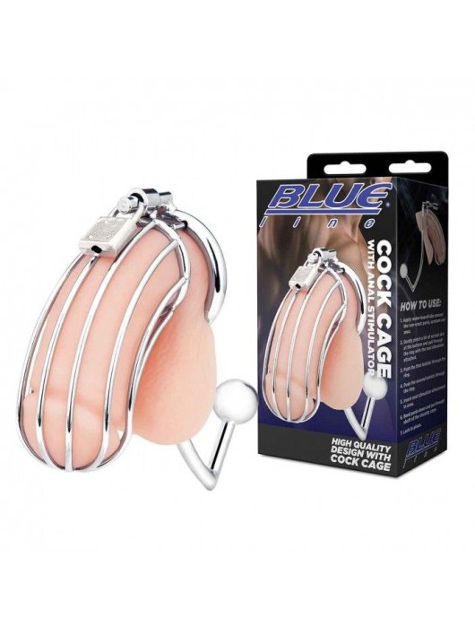 Серебристая металлическая клетка с анальным стимулятором Cock Cage - BlueLine - купить с доставкой в Невинномысске