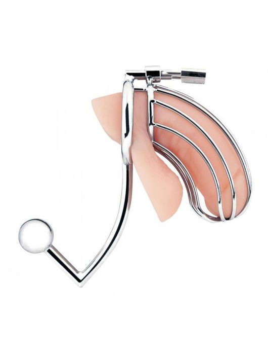 Серебристая металлическая клетка с анальным стимулятором Cock Cage - BlueLine - купить с доставкой в Невинномысске