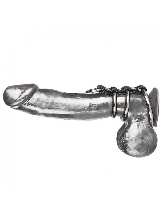 Хомут на пенис из трех металлических колец и кольца для привязи 3 RING GATES OF HELL - BlueLine - купить с доставкой в Невинномысске