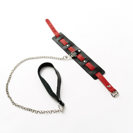 Черный ошейник с красным ремешком и поводком - Crazy Handmade - купить с доставкой в Невинномысске