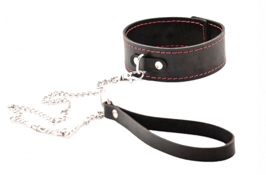 Черный широкий ошейник с красной строчкой и поводком - Crazy Handmade - купить с доставкой в Невинномысске