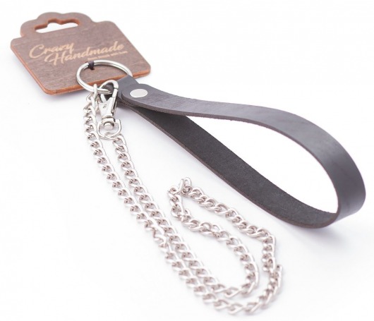 Серебристый металлический поводок с кожаной черной ручкой - 80 см. - Crazy Handmade - купить с доставкой в Невинномысске