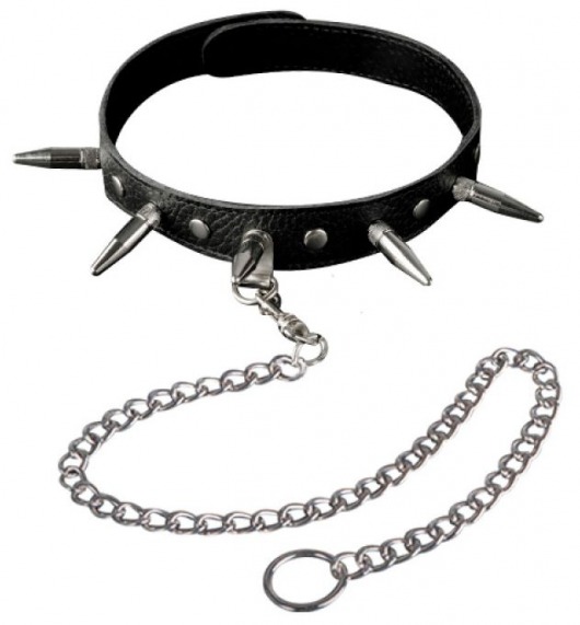 Чёрный кожаный ошейник с шипами и цепочкой - Sitabella - купить с доставкой в Невинномысске