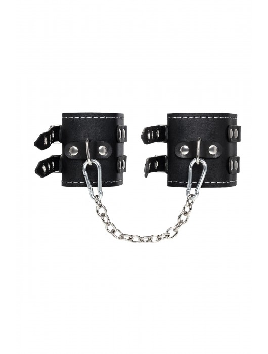 Черные кожаные оковы с двумя ремнями и красной подкладкой - Pecado - купить с доставкой в Невинномысске