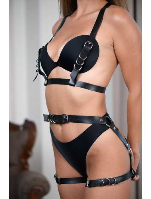 Черные гартеры из натуральной кожи с регулируемыми ремешками - БДСМ Арсенал - купить с доставкой в Невинномысске