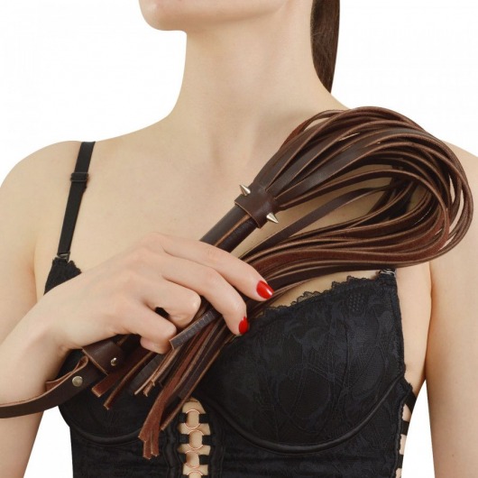 Коричневая кожаная плеть с шипами - 55 см. - Sitabella - купить с доставкой в Невинномысске