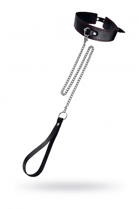 Кожаный двухслойный ошейник с красной строчкой и поводком - Pecado - купить с доставкой в Невинномысске