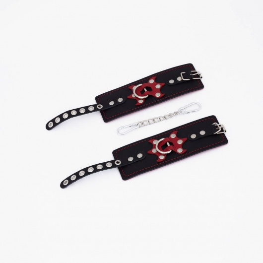 Черные кожаные наручники с красным декором и строчкой - Crazy Handmade - купить с доставкой в Невинномысске