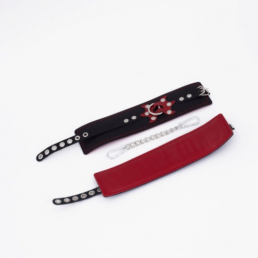 Черные кожаные оковы с красным декором и строчкой - Crazy Handmade - купить с доставкой в Невинномысске