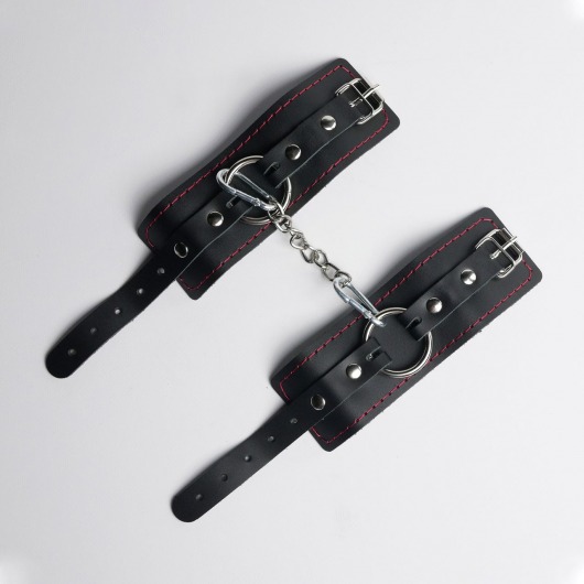 Черные кожаные наручники с красной строчкой - Crazy Handmade - купить с доставкой в Невинномысске