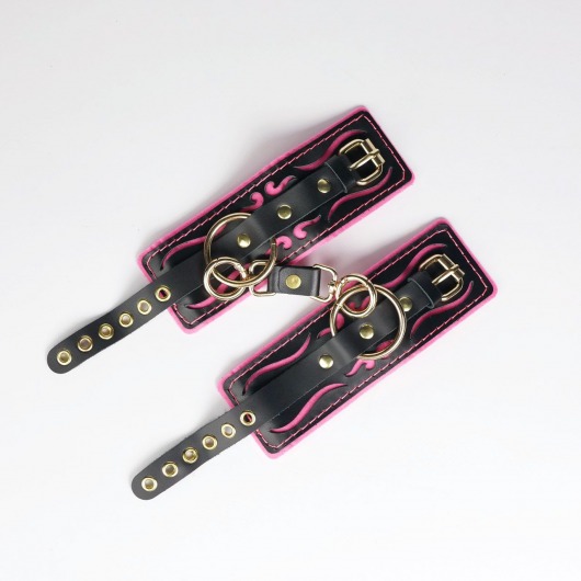 Черные кожаные наручники с розовой строчкой - Crazy Handmade - купить с доставкой в Невинномысске