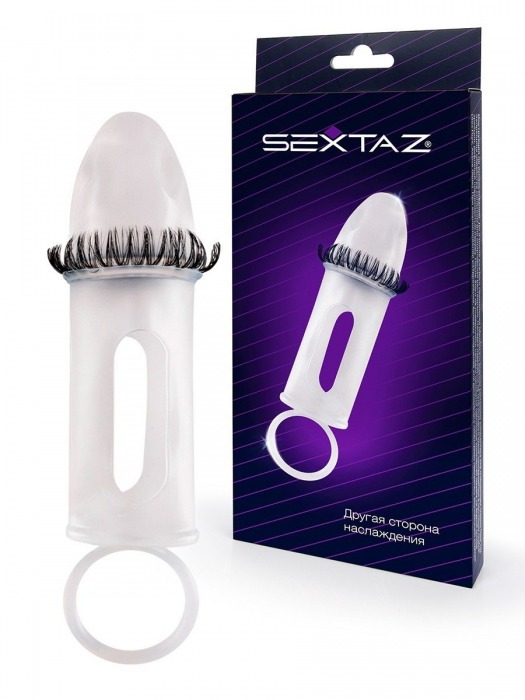 Закрытая насадка на пенис с подхватом мошонки и стимулирующими «ресничками» - Sextaz - в Невинномысске купить с доставкой