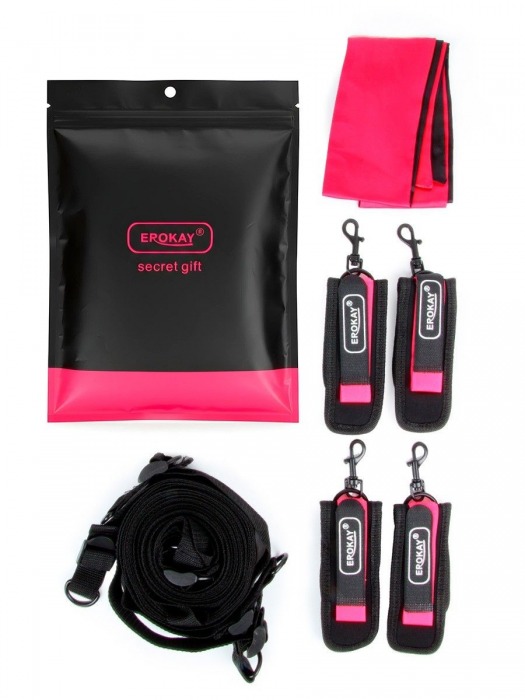 Черно-розовый эротический набор: фиксатор, оковы, наручники, повязка - Erokay - купить с доставкой в Невинномысске