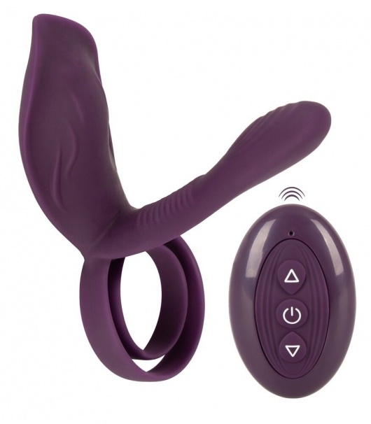 Фиолетовая насадка на член с клиторальным отростком и пультом ДУ RC Couple’s Vibrator 2 - Orion - в Невинномысске купить с доставкой